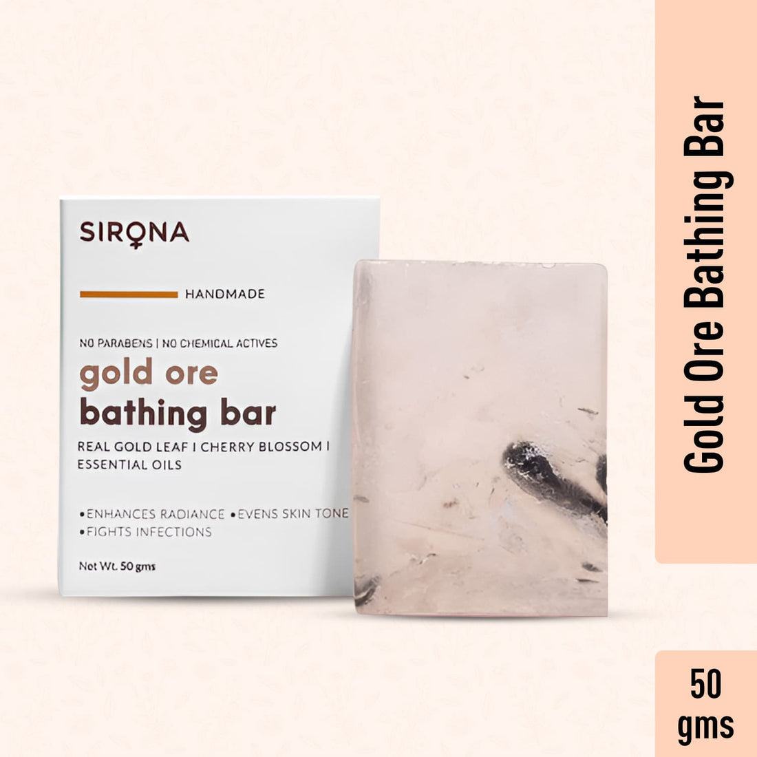 Sirona Gold Ore Bath Soap Bar | Handmade Soap Enhance Radiance, Fights Infections, Paraben free, Chemicals free - 50 gm