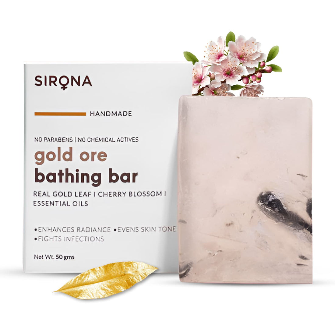Sirona Gold Ore Bath Soap Bar | Handmade Soap Enhance Radiance, Fights Infections, Paraben free, Chemicals free - 50 gm