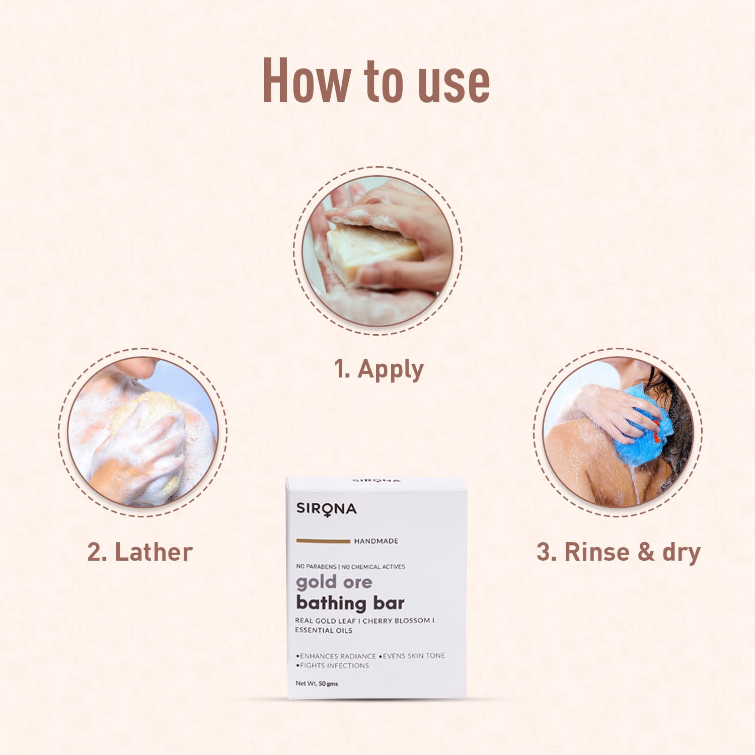 Sirona Gold Ore Bath Soap Bar | Handmade Soap Enhance Radiance, Fights Infections, Paraben free, Chemicals free - 50 gm