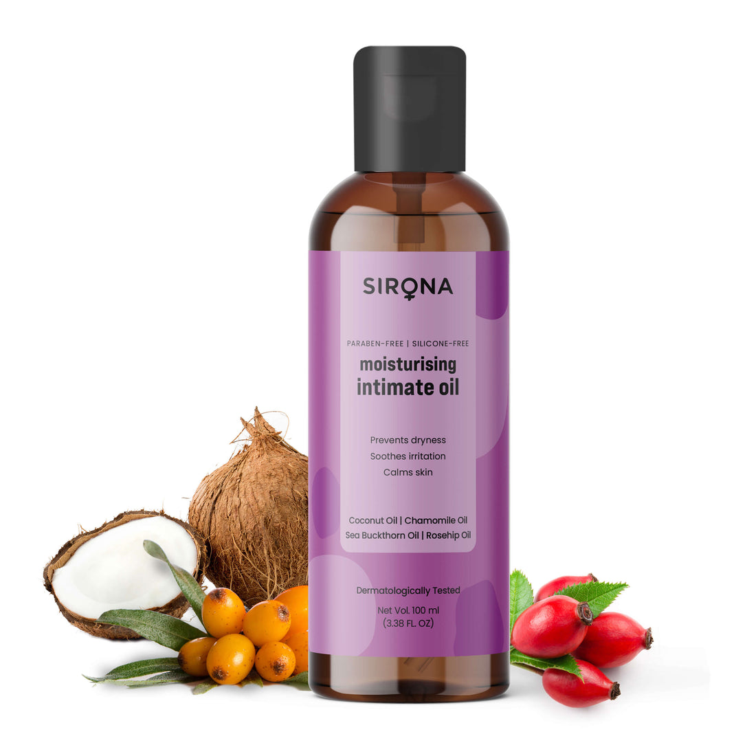 Sirona Moisturising Intimate Oil | Prevents Dryness, Soothes Irritation &amp; Calms Skin, Enriched with Coconut Oil, Chamomile Oil, Sea Buckthorn Oil &amp; Rosehip Oil - 100ml