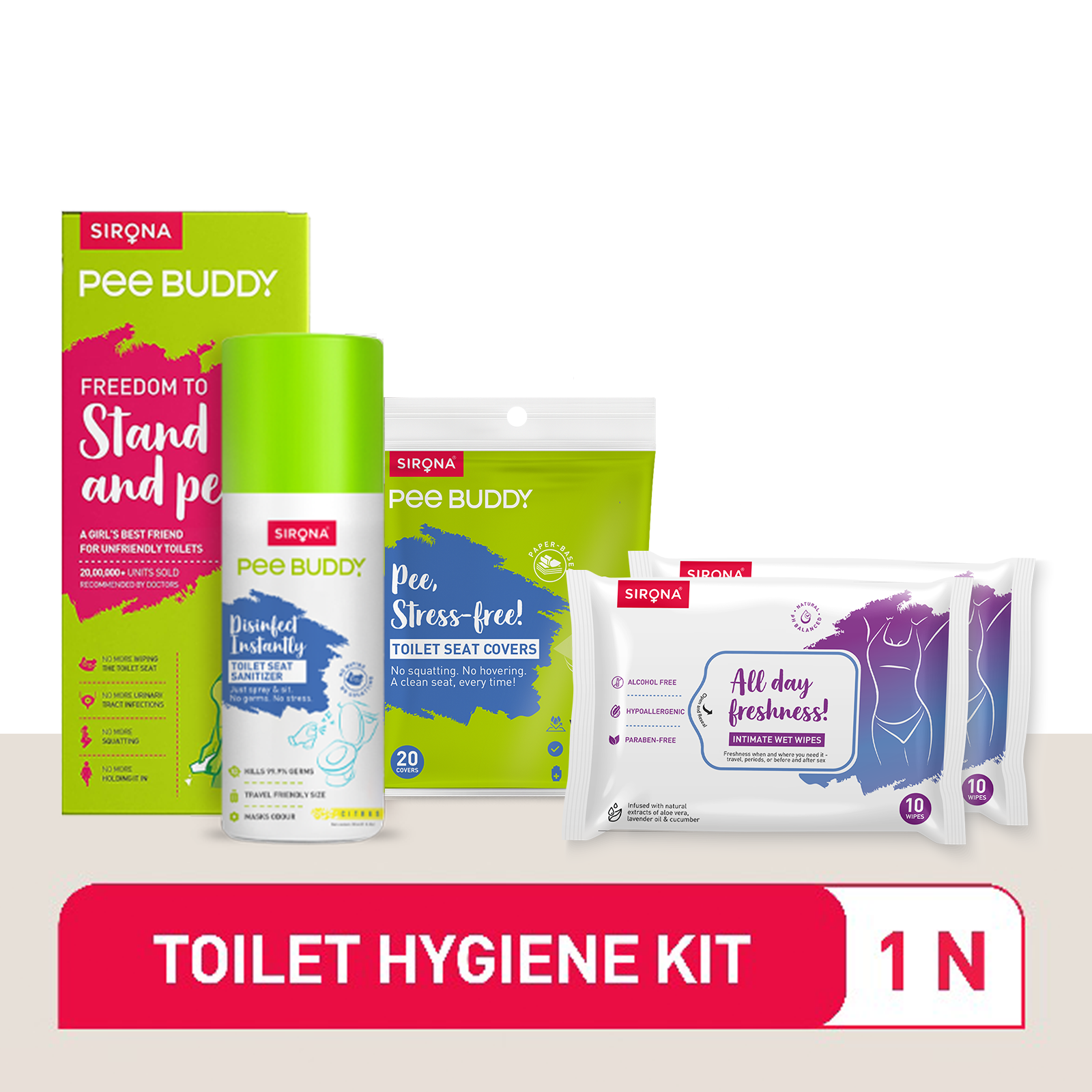 Sirona Pee Buddy toilet hygiene kit with packaging on a white background