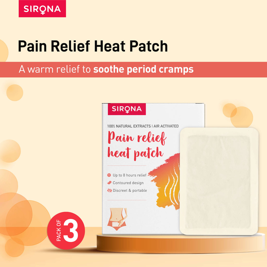 Sirona Pain Relief Heat Patches | Instant Relief for Period, Shoulder, Neck, Knee &amp; Back Pain | 100% Natural Ingredients &amp; Portable, 8 Hours Pain Relief - (Pack of 3)