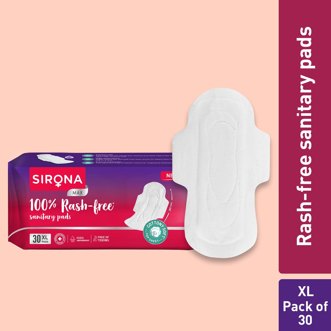 100% Rash Free Sanitary Pads for Women (XL), 30 Disposable Pads For Heavy Flow, Cottony Soft Top Sheet, Ultra Soft &amp; LeakProof, Toxin Free Napkins