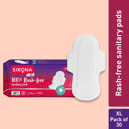 100% Rash Free Sanitary Pads for Women (XL), 30 Disposable Pads For Heavy Flow, Cottony Soft Top Sheet, Ultra Soft &amp; LeakProof, Toxin Free Napkins