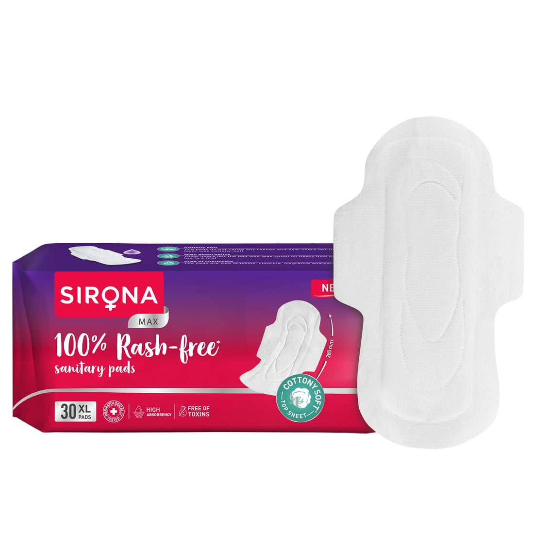 100% Rash Free Sanitary Pads for Women (XL), 30 Disposable Pads For Heavy Flow, Cottony Soft Top Sheet, Ultra Soft &amp; LeakProof, Toxin Free Napkins