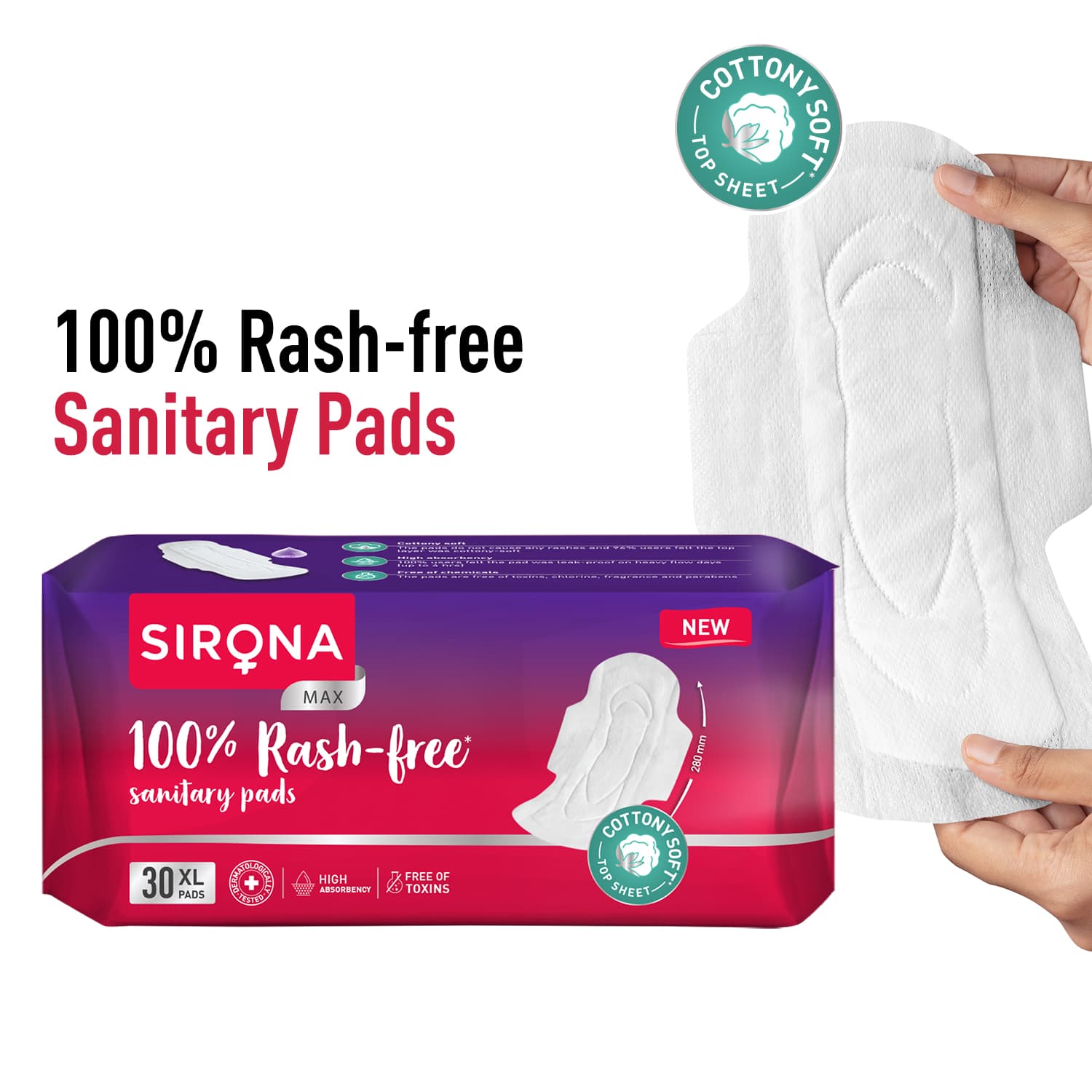 100% Rash Free Sanitary Pads for Women (XL), 30 Disposable Pads For Heavy Flow, Cottony Soft Top Sheet, Ultra Soft &amp; LeakProof, Toxin Free Napkins