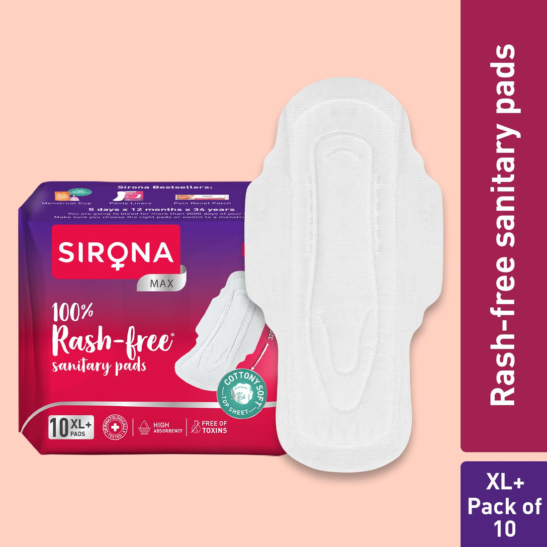 100% Rash Free Sanitary Pads (1 Pack of 10 XL+ Pads)