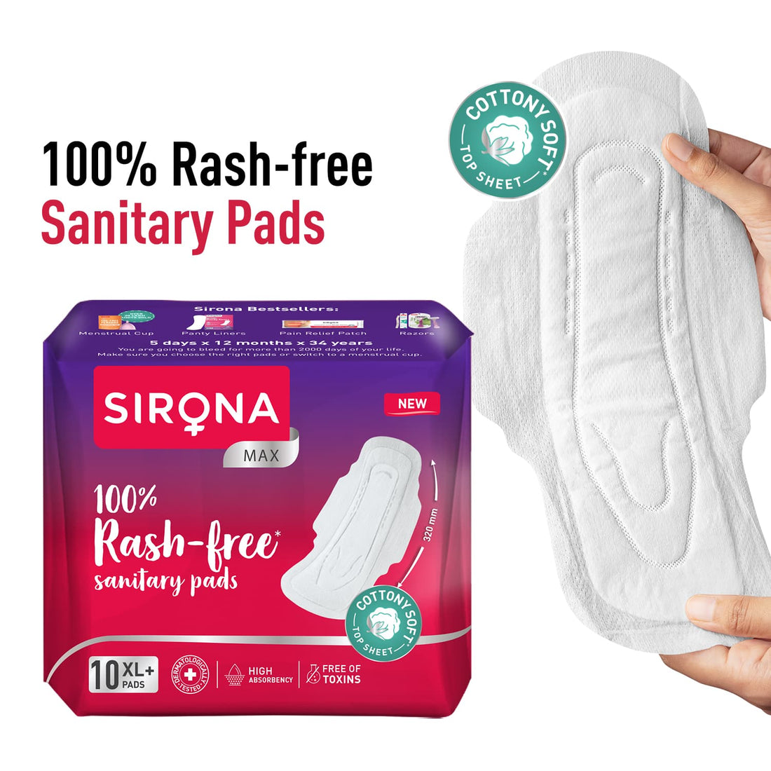 100% Rash Free Sanitary Pads (1 Pack of 10 XL+ Pads)