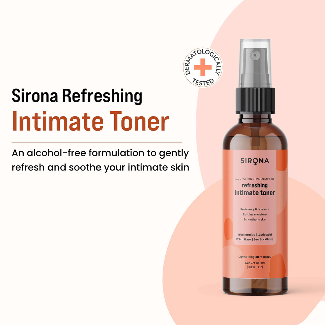 Sirona Refreshing Intimate Toner | Retains Moisture, Smoothens Skin, Restores pH Balance | Alcohol Free Formulation, Parabens Free - 100ml
