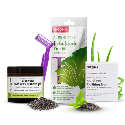 Sirona Smooth and Shiny Hair Removal Kit - Post Wax &amp; Shave Gel, Aloe boost Twin Blade Disposable Razor, Handmade Soap - Pack of 1