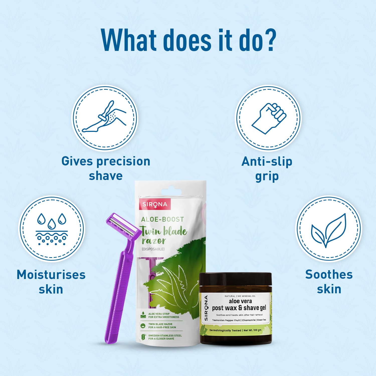 Sirona Smooth and Shiny Hair Removal Kit - Post Wax &amp; Shave Gel, Aloe boost Twin Blade Disposable Razor, Handmade Soap - Pack of 1