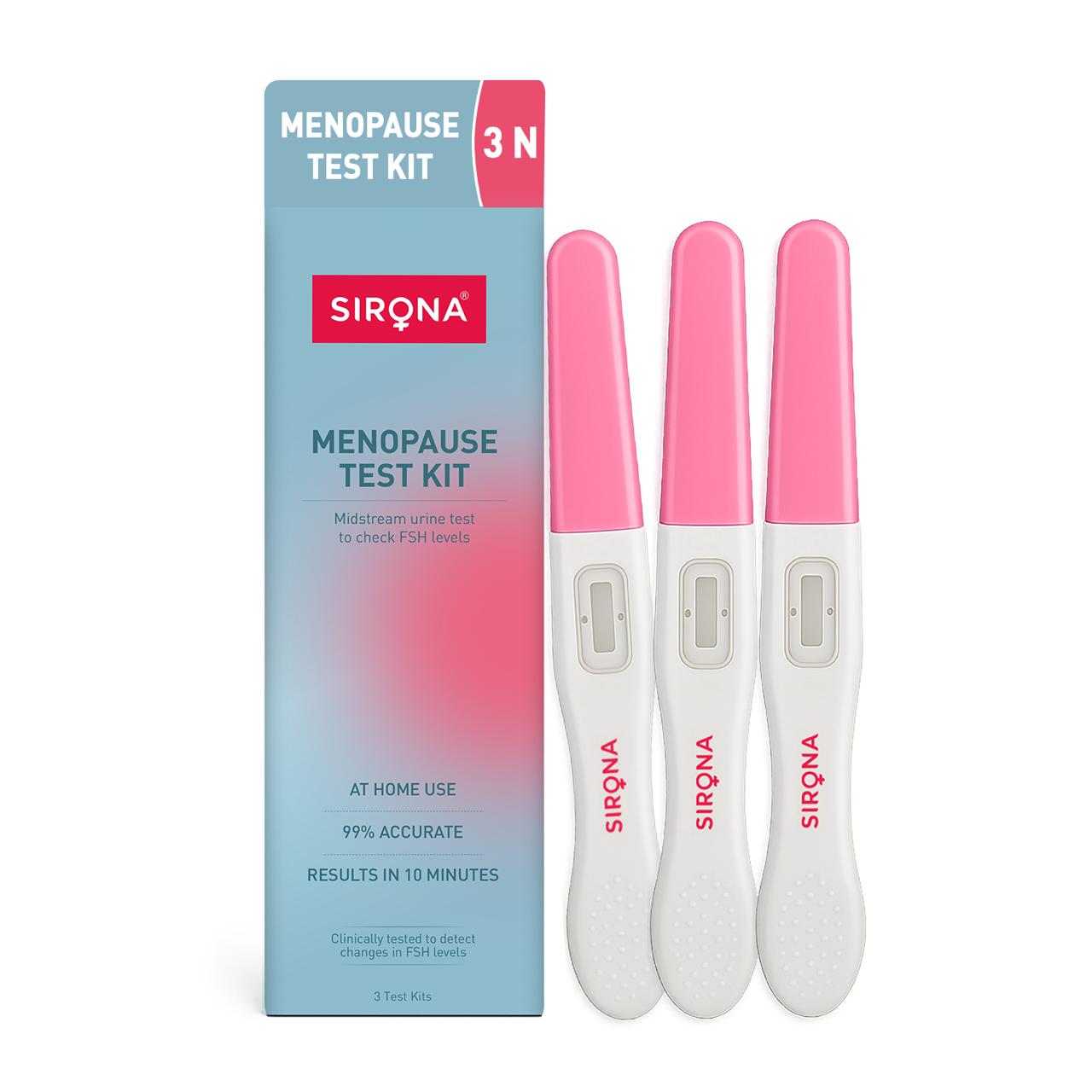 Sirona menopause test kit with three test sticks on a white background