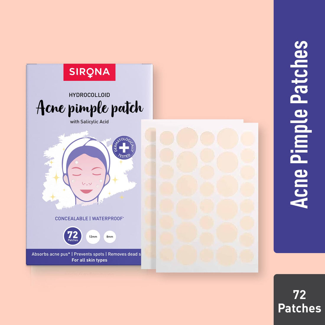 Sirona Acne Pimple Patch For Face (72 patches) | 2 sizes | Invisible, Concealable, Waterproof Patches | Hydrocolloid &amp; Salycylic Acid | Absorbs Acne Pus | Flattens Pimple | For All Skin Types