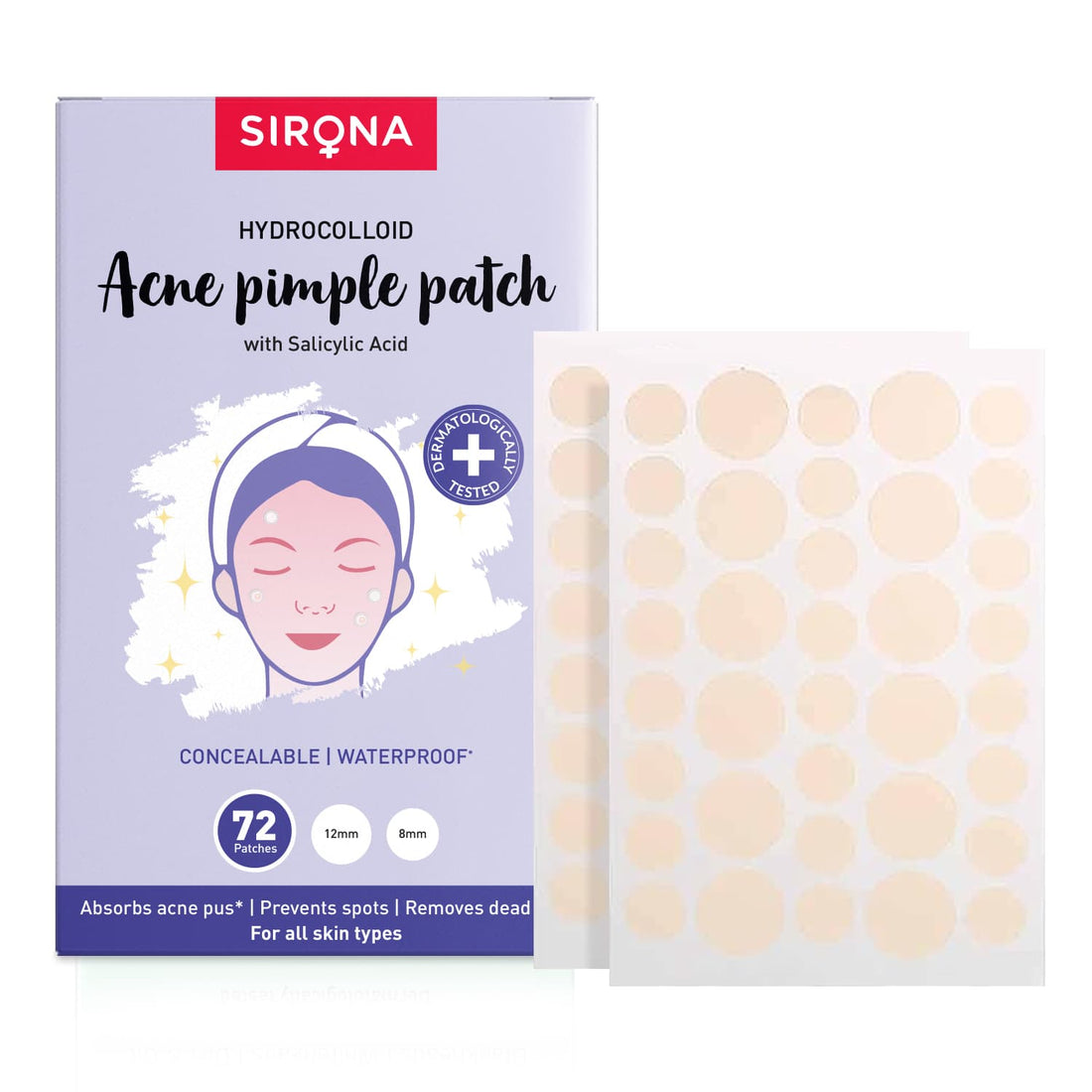 Sirona Acne Pimple Patch For Face (72 patches) | 2 sizes | Invisible, Concealable, Waterproof Patches | Hydrocolloid &amp; Salycylic Acid | Absorbs Acne Pus | Flattens Pimple | For All Skin Types