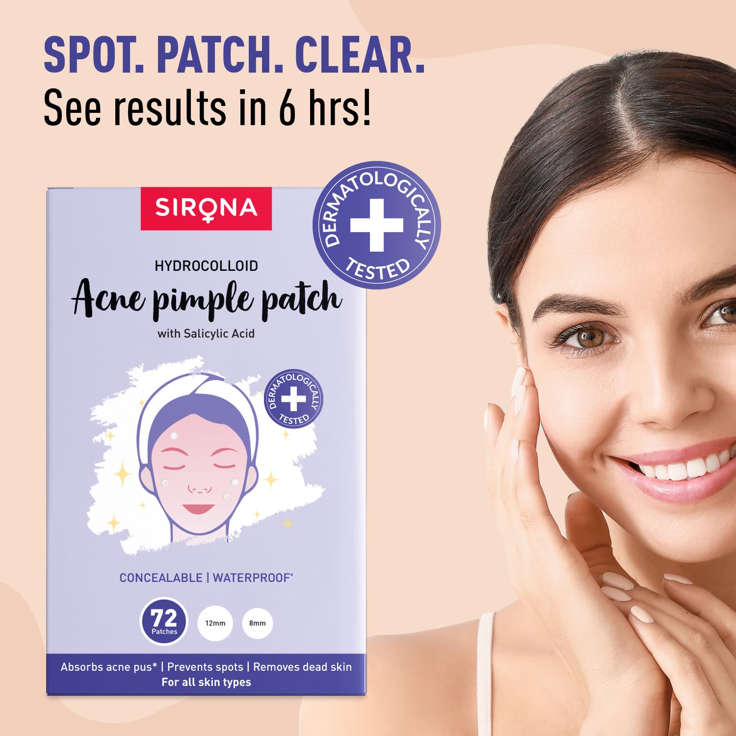 Sirona Acne Pimple Patch For Face (72 patches) | 2 sizes | Invisible, Concealable, Waterproof Patches | Hydrocolloid &amp; Salycylic Acid | Absorbs Acne Pus | Flattens Pimple | For All Skin Types