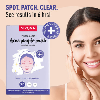 Sirona Acne Pimple Patch For Face (72 patches) | 2 sizes | Invisible, Concealable, Waterproof Patches | Hydrocolloid &amp; Salycylic Acid | Absorbs Acne Pus | Flattens Pimple | For All Skin Types