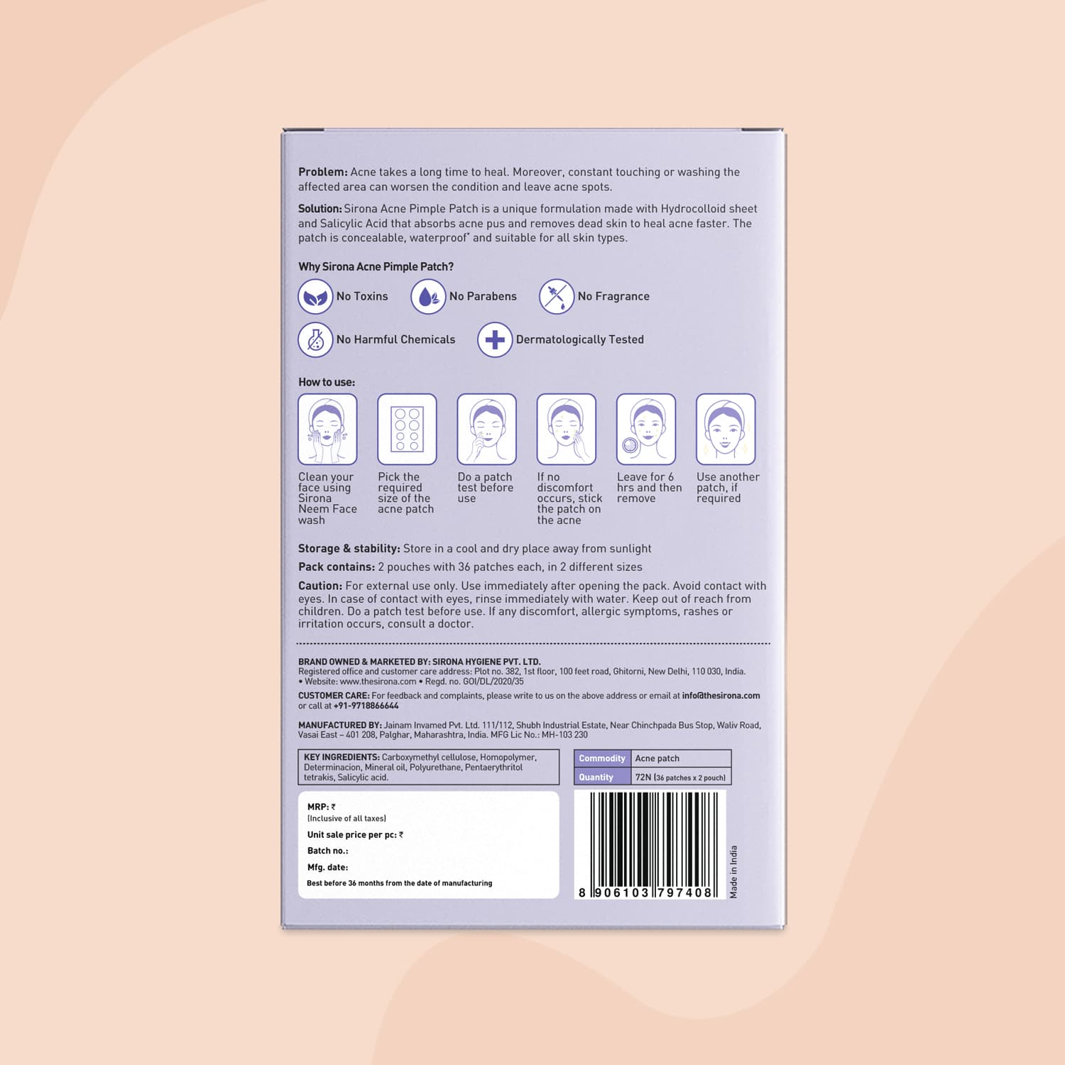 Sirona Acne Pimple Patch For Face (72 patches) | 2 sizes | Invisible, Concealable, Waterproof Patches | Hydrocolloid &amp; Salycylic Acid | Absorbs Acne Pus | Flattens Pimple | For All Skin Types