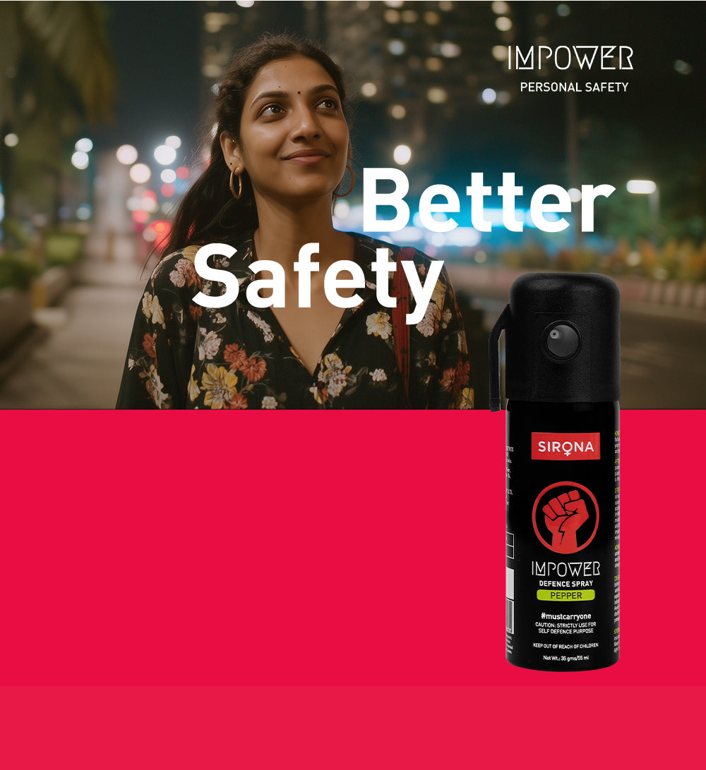 Woman with a product labeled 'Better Safety' on a red background