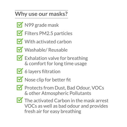 List of features for N99 grade masks on a white background
