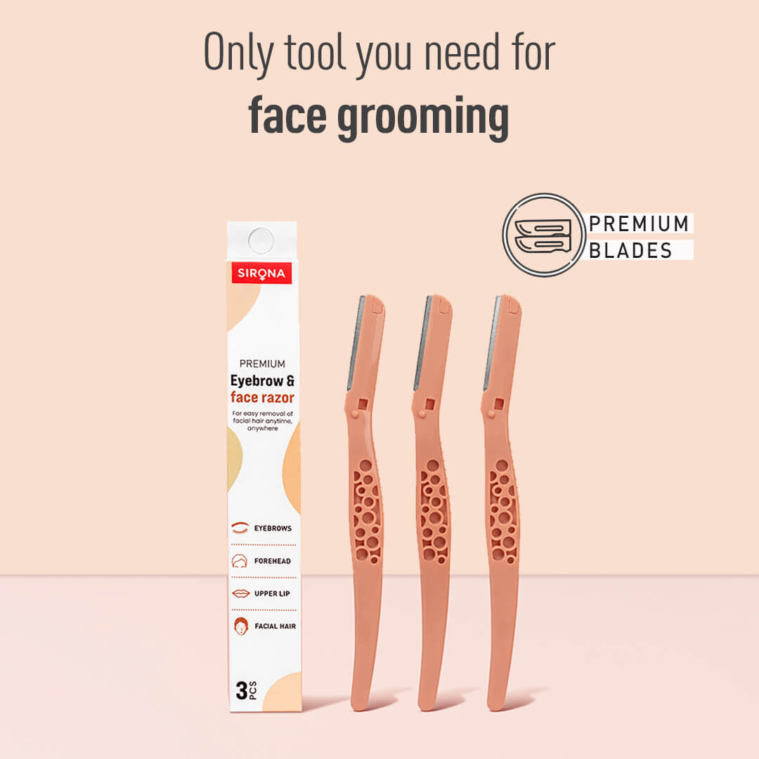 Sirona Eyebrow Face Razor for Women (Brown)| Painfree Facial Hair Removal for Women, Razor for Eyebrow, Upper Lip, Forehead &amp; Chin (Pack of 3 Razors)