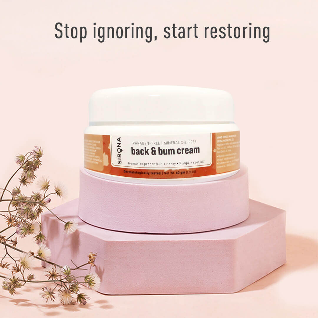 Sirona Natural Back &amp; Bum Cream for Women, Softer &amp; Smoother Bum with Tasmanian Pepper Fruit, Honey &amp; Pumpkin Seed Oil, Parabens Free - 60 gm