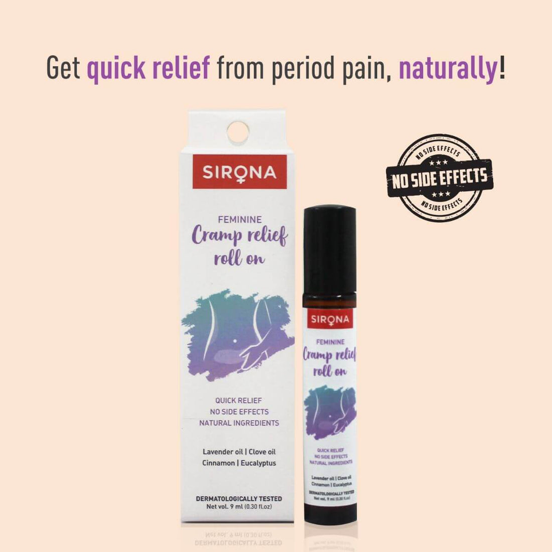 Sirona Feminine Cramp Relief Roll On for Women | 100% Natural Period Pain Reliever, Quick Relief, No Side Effects, Ideal for Abdomen, Lower Back &amp; Leg Cramps - 9 ml