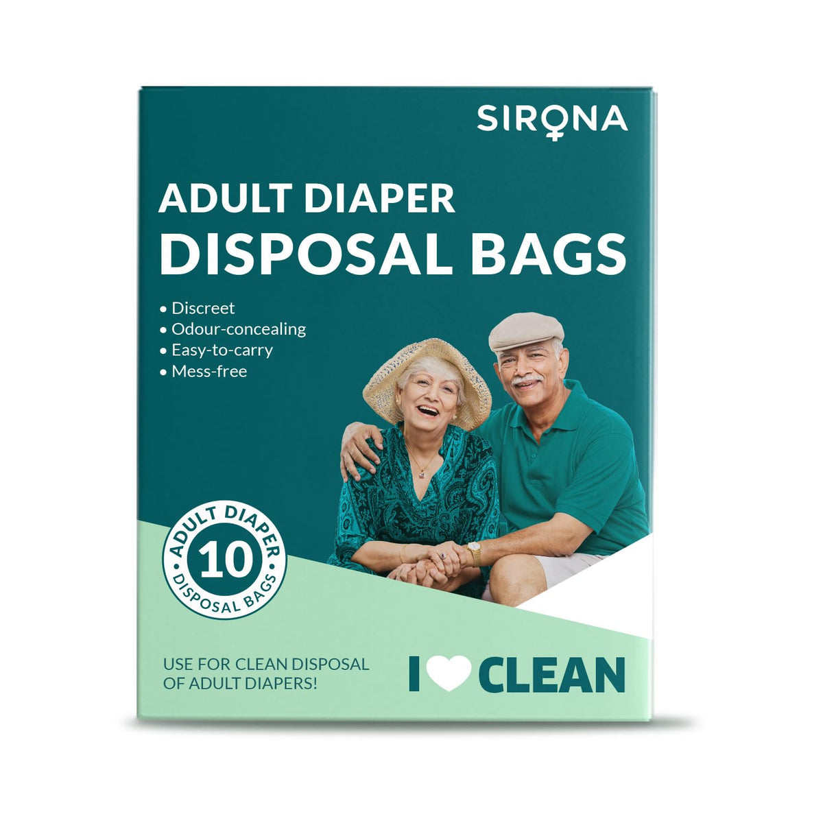 Package of Sirona adult diaper disposal bags with an elderly couple on a white background