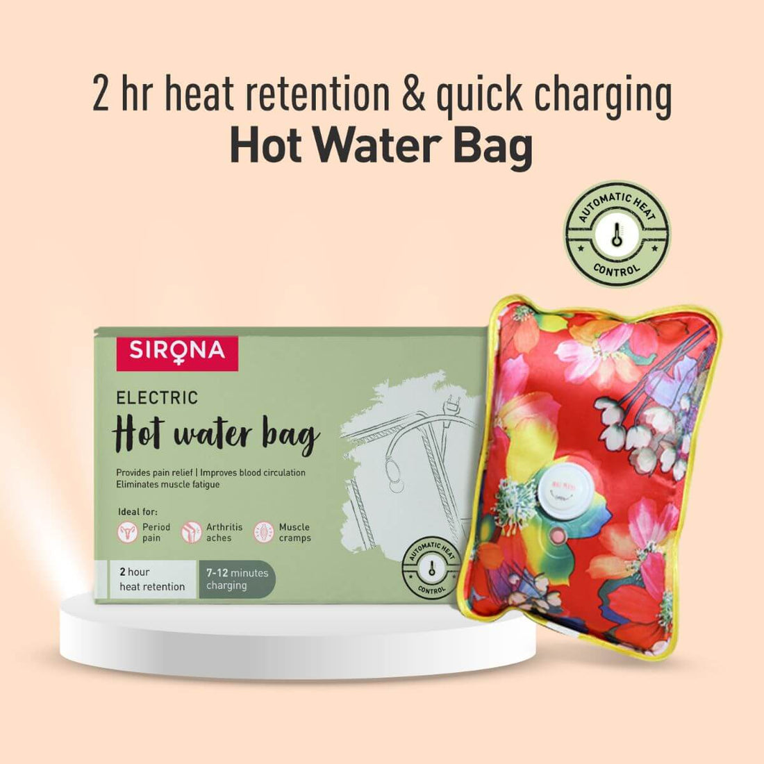 SIRONA Electric Hot Water Bag for Instant Pain Relief | 7 Min Charging, 2 Hr Heat Retention, Auto Heat Control, Ideal for Cramps, Arthritis Aches, and Period Pain
