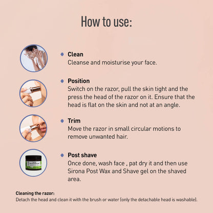 Sirona Electric Facial Razor for Women | Hair Removal Razor for Face, 360 Degree Precision Trim, Built-in Light, Battery Operated, Travel friendly, For All Skin Types
