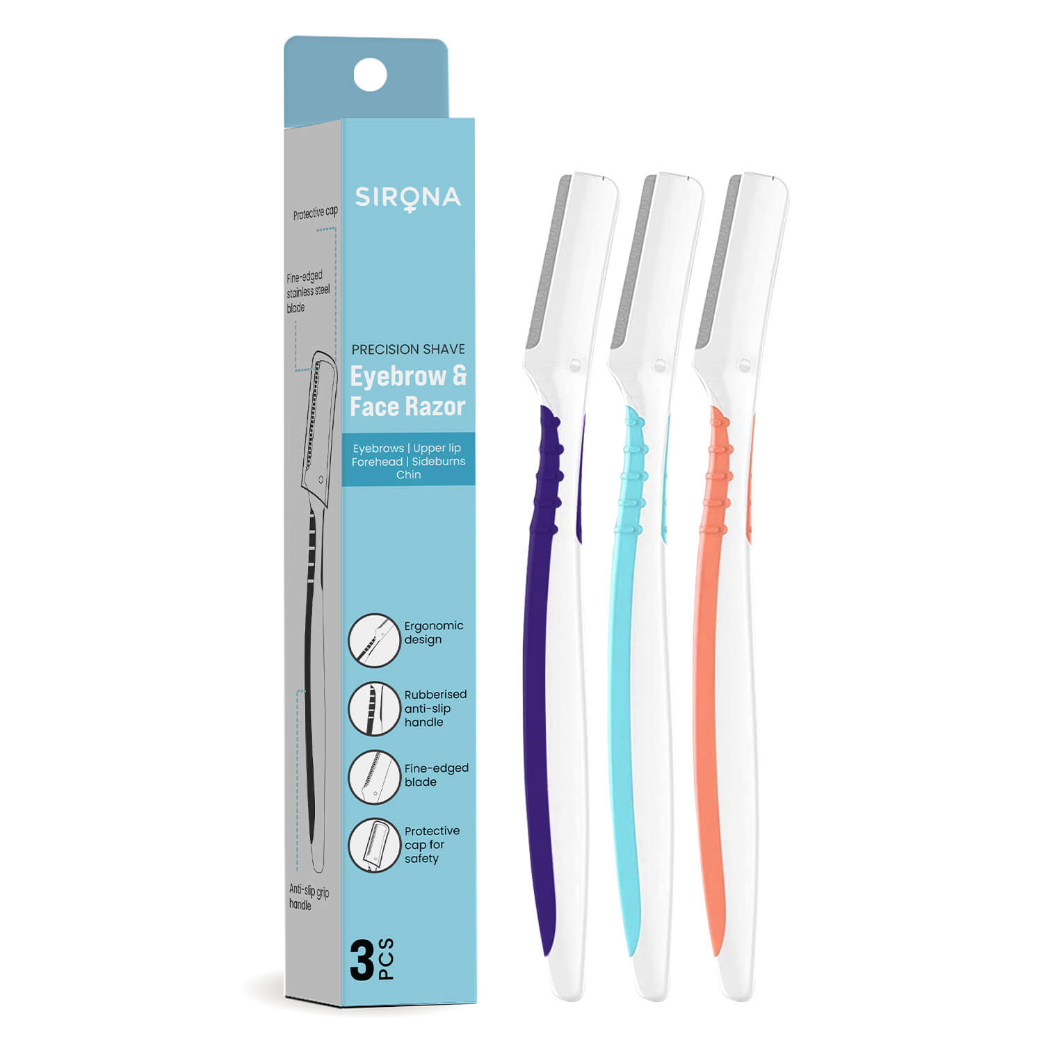 Sirona Eyebrow &amp; Face Razor for Women | Painless Facial Hair Removal for Women, Razor for Eyebrow, Upper Lip, Forehead &amp; Chin - (Pack of 3)