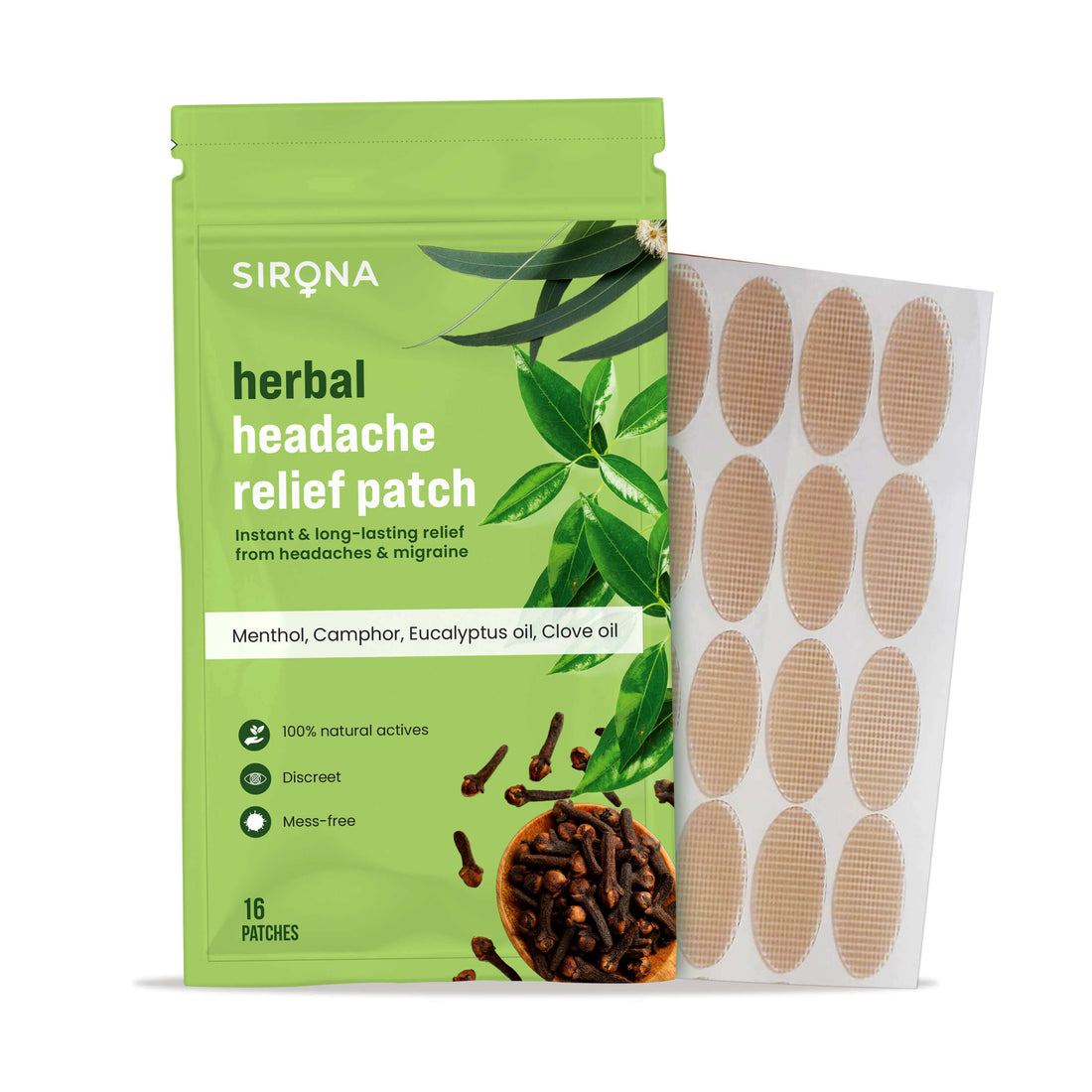 Sirona Herbal Headache Relief Patch | 100% Natural Actives, Instant &amp; Long Lasting Relief from Headaches &amp; Migraine, No Side Effects - (16 Patches)