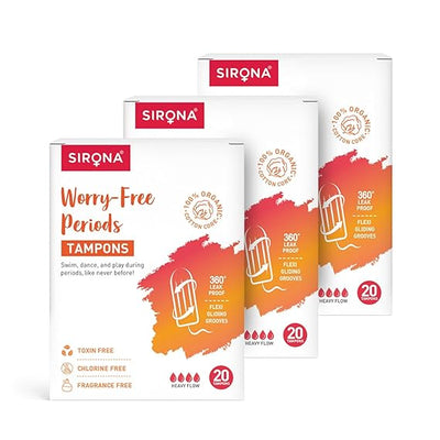 Three boxes of Sirona tampons on a white background