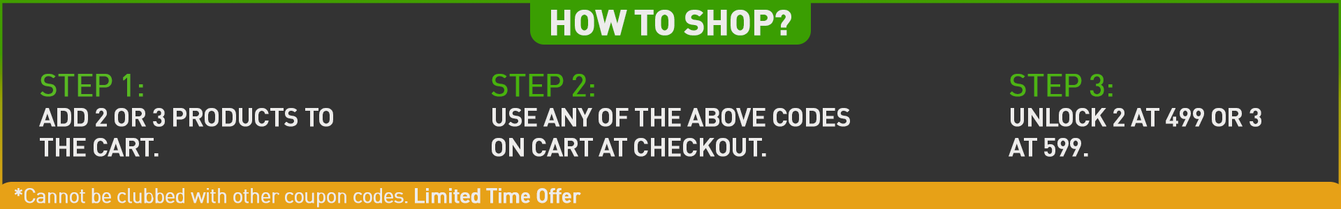 Instructions for using a coupon code on a checkout process with a green and orange color scheme