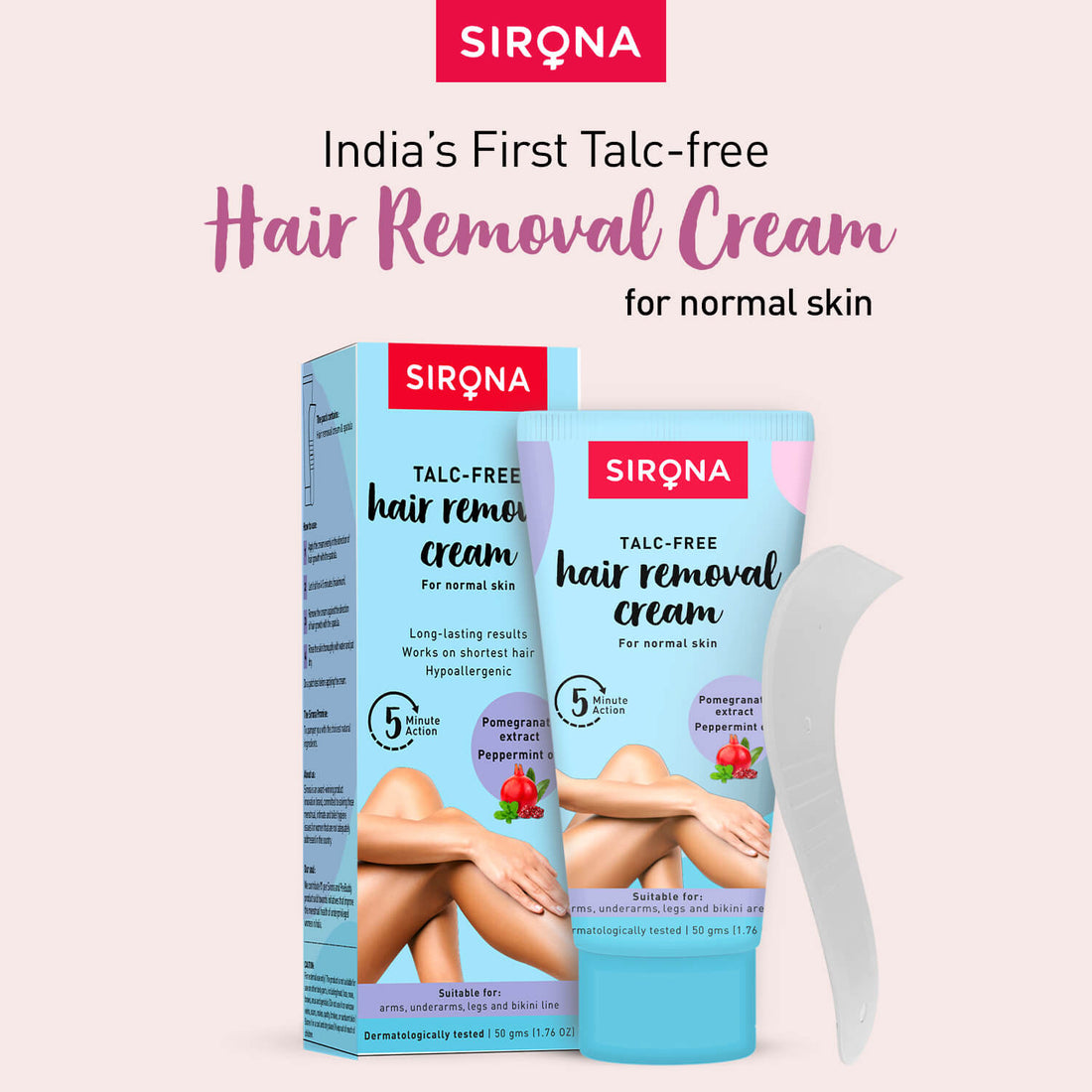 Sirona Talc Free Hair Removal Cream for Normal Skin | Hair Removal Cream for Legs, Underarms, Bikini Line, Arms, Enriched with Rose &amp; Pomegranate Extracts - 50gm
