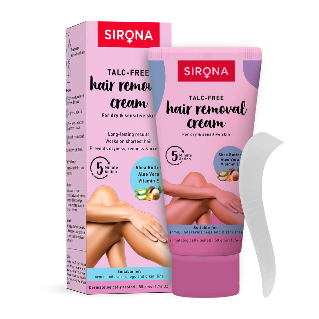 Sirona Talc Free Hair Removal Cream for Dry &amp; Sensitive Skin | Enriched with Shea Butter, Aloe Vera &amp; Vitamin E, Hair Removal Cream for Bikini Line, Underarm, Legs - 50gm