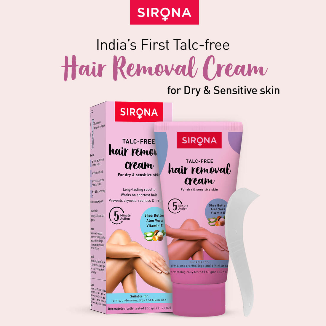 Sirona Talc Free Hair Removal Cream for Dry &amp; Sensitive Skin | Enriched with Shea Butter, Aloe Vera &amp; Vitamin E, Hair Removal Cream for Bikini Line, Underarm, Legs - 50gm