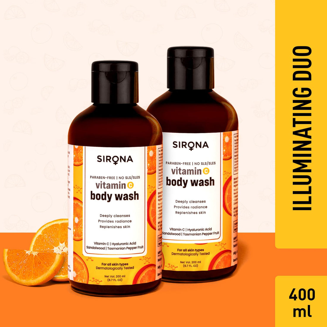 Sirona Illuminating Duo | Vitamin C Body Wash Combo, Deep Cleanses Shower Gel, Provide Radiance, For All Skin Types