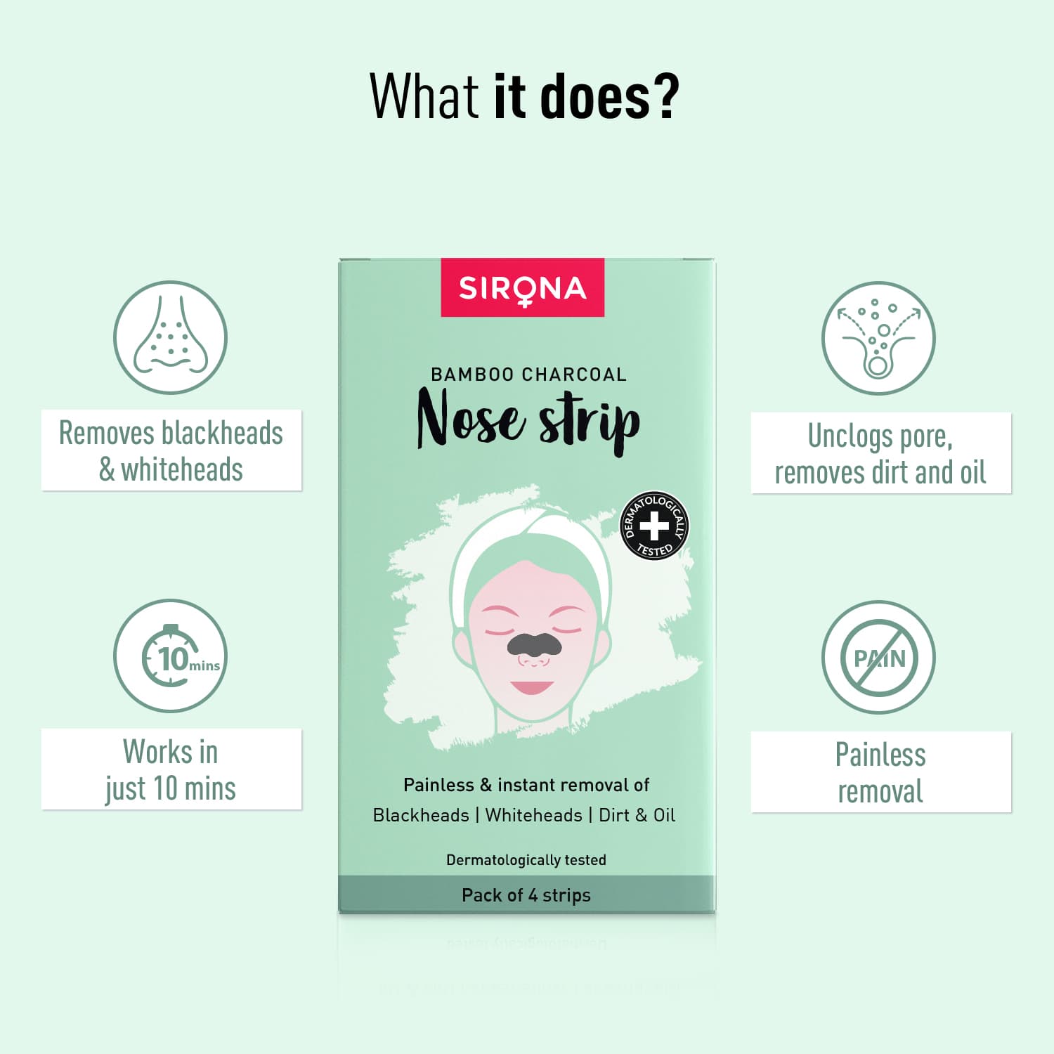 Sirona Natural Charcoal Nose Strips for Women | Painless &amp; Instant Whiteheads &amp; Blackheads Removal Strips, Pore Cleanser, Dirt &amp; Oil - Pack of 4