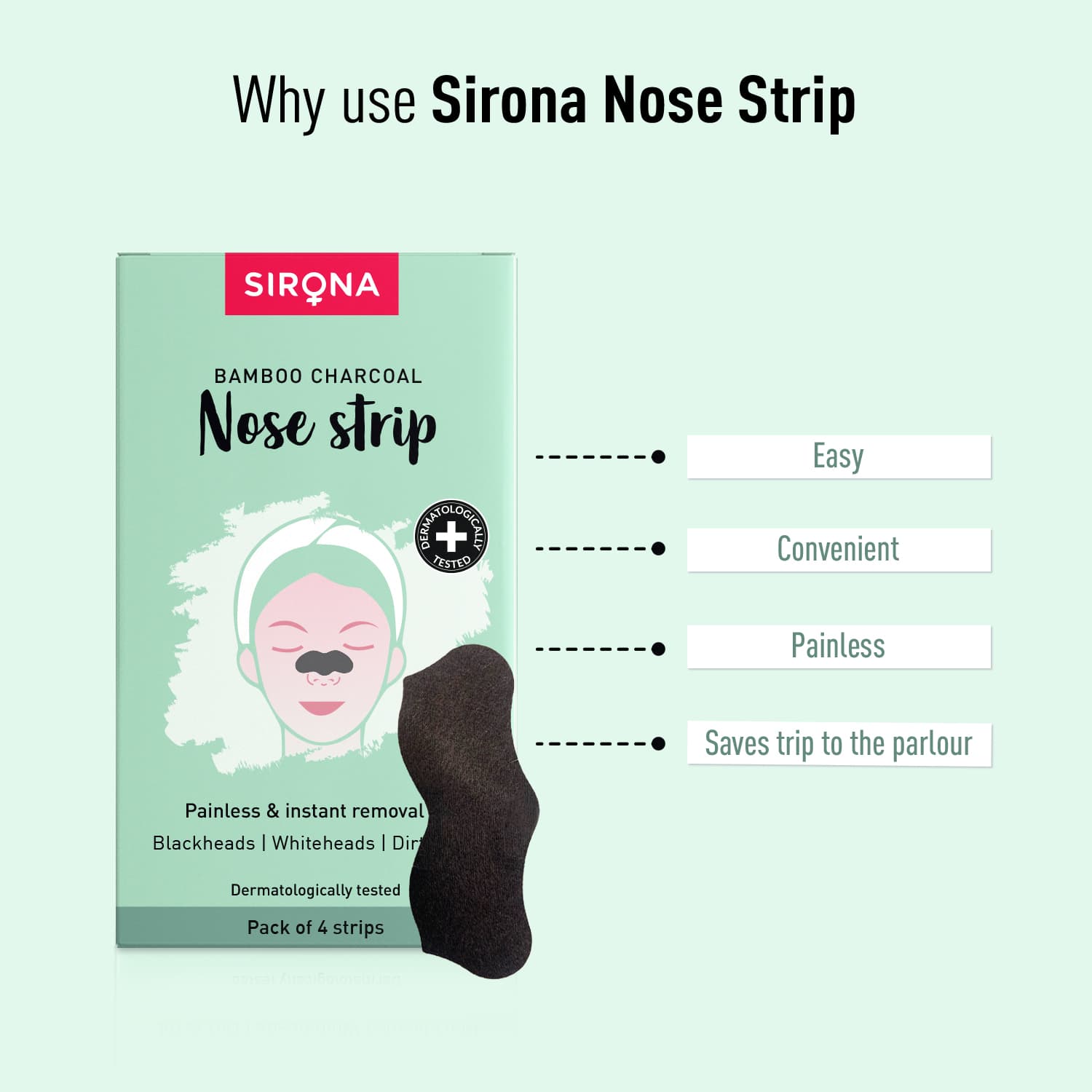 Sirona Natural Charcoal Nose Strips for Women | Painless &amp; Instant Whiteheads &amp; Blackheads Removal Strips, Pore Cleanser, Dirt &amp; Oil - Pack of 4