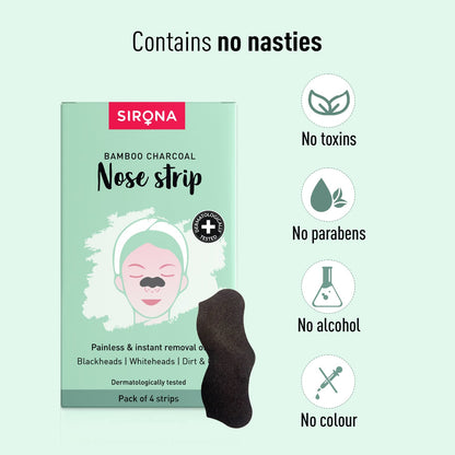 Sirona Natural Charcoal Nose Strips for Women | Painless &amp; Instant Whiteheads &amp; Blackheads Removal Strips, Pore Cleanser, Dirt &amp; Oil - Pack of 4