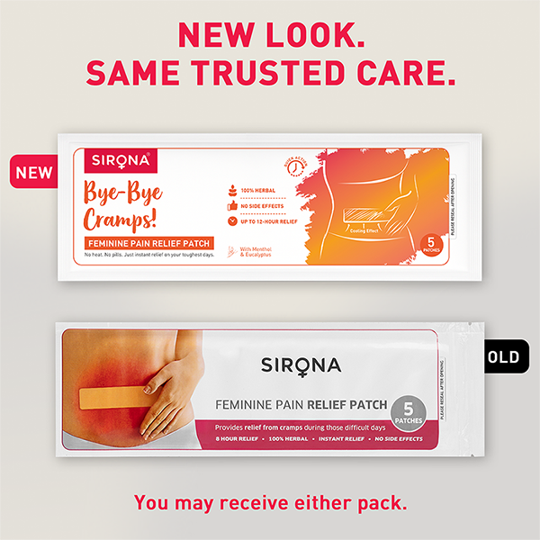 Comparison of Sirona Feminine Pain Relief Patch packaging with new and old designs on a light gray background
