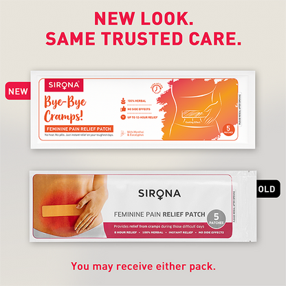 Comparison of Sirona Feminine Pain Relief Patch packaging with new and old designs on a light gray background