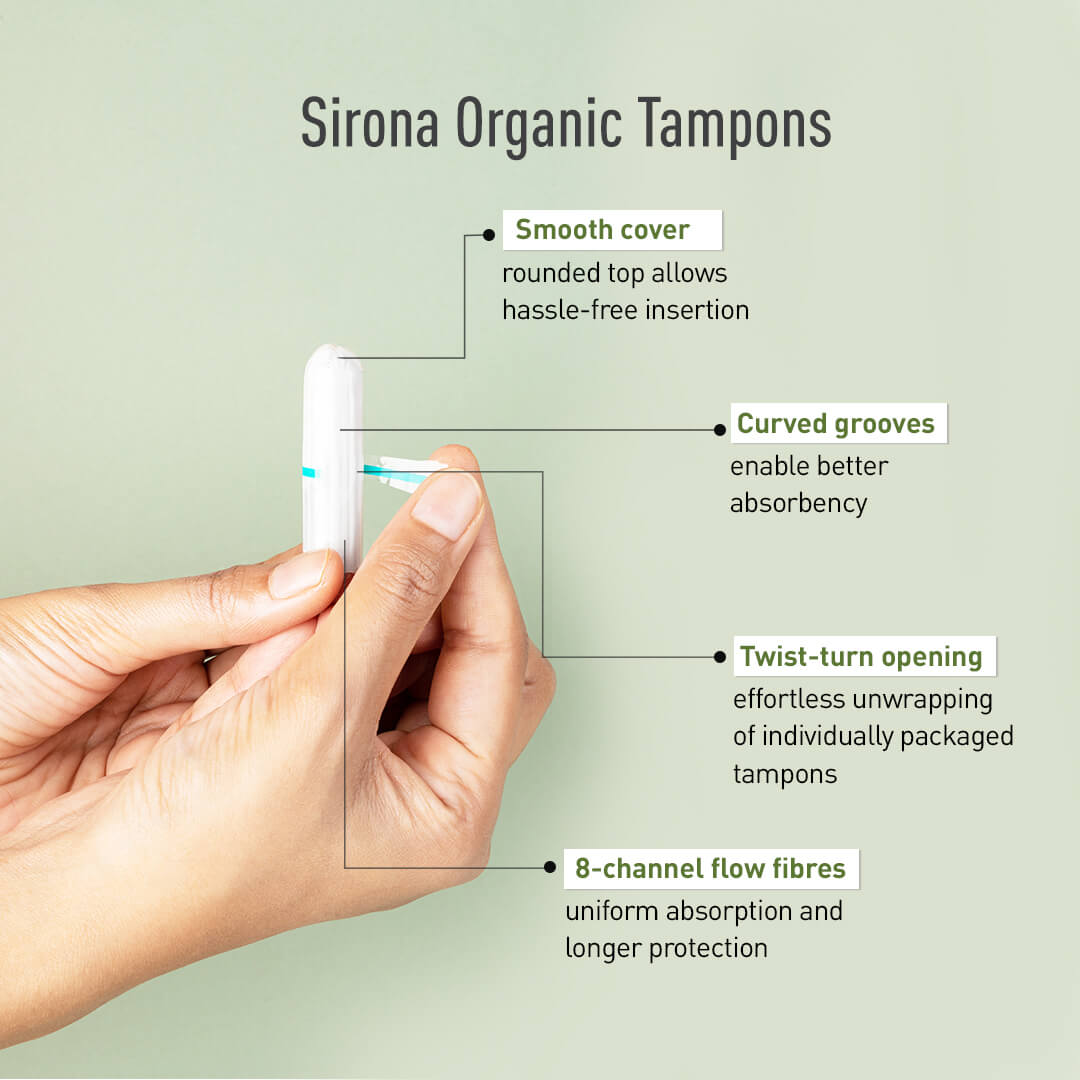 Sirona 100 % Organic Cotton Tampons for Heavy Flow , Biodegradable Tampon, Ultra Soft &amp; Leak Proof, FDA Approved, Toxin Free - (18 Pcs)