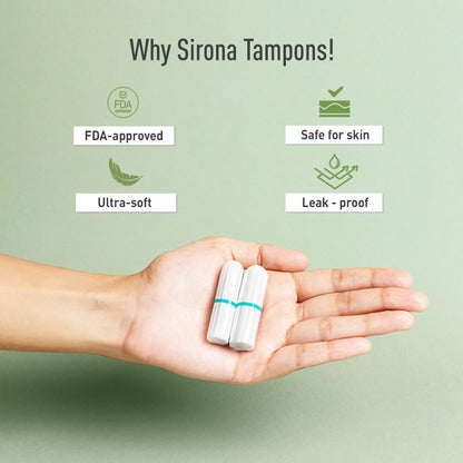 Sirona 100 % Organic Cotton Tampons for Heavy Flow , Biodegradable Tampon, Ultra Soft &amp; Leak Proof, FDA Approved, Toxin Free - (18 Pcs)