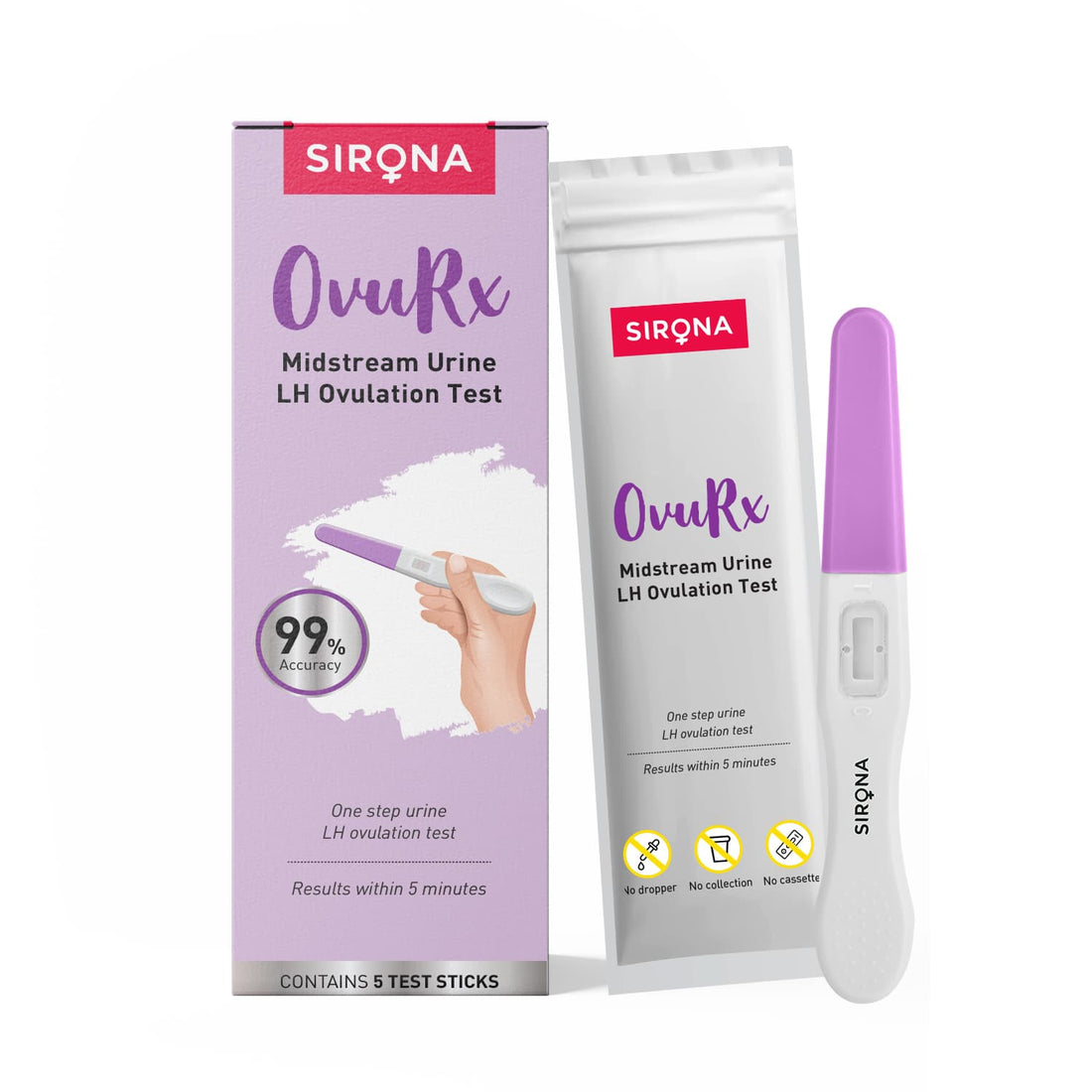 Sirona OvuRx Midstream Urine LH Ovulation Test Kit for Women | Pregnancy Planning Test | Rapid &amp; 99% Accurate Results in 5 Mins (Pack of 5)