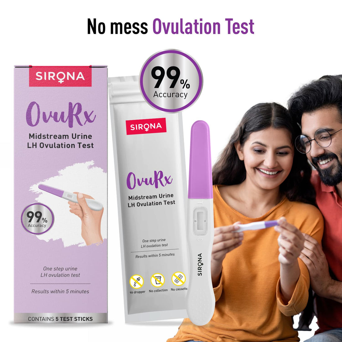 Sirona OvuRx Midstream Urine LH Ovulation Test Kit for Women | Pregnancy Planning Test | Rapid &amp; 99% Accurate Results in 5 Mins (Pack of 5)