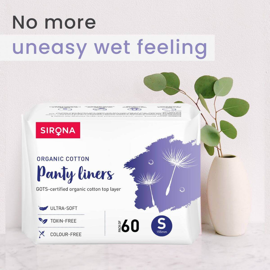 Sirona Ultra-Thin Panty Liners - Small | Panty Liner Pads for Women, Toxin Free, Leak proof, Up to 8 Hr Protection, G.O.T.S. Certified - (Pack of 60)