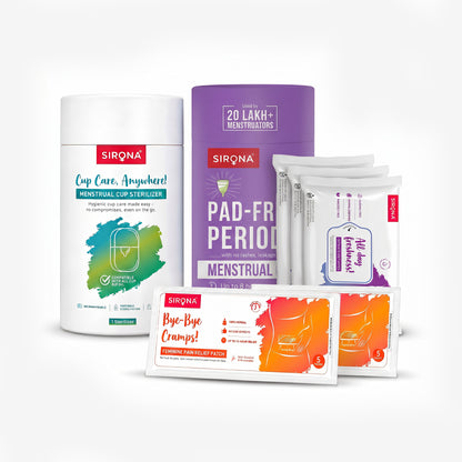 Menstrual Cup | Portable Sterilizer | Pain Relief Patches | Intimate Wet Wipes Combo