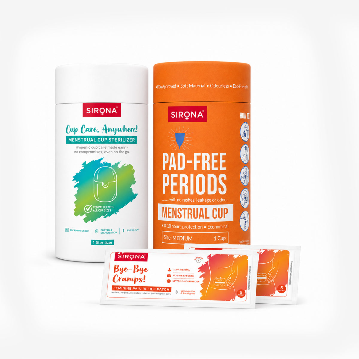 Menstrual Cup | Portable Sterilizer | Pain Relief Patches Combo