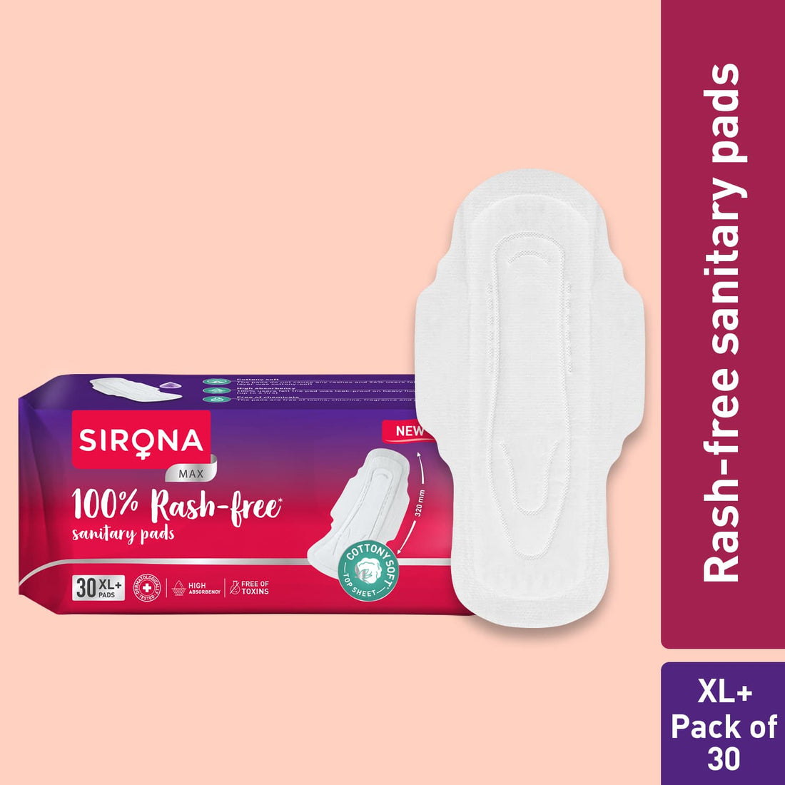 100% Rash Free Sanitary Pads for Women (XL+), 30 Disposable Pads For Heavy Flow, Cottony Soft Top Sheet, Ultra Soft &amp; LeakProof, Toxin Free Napkins